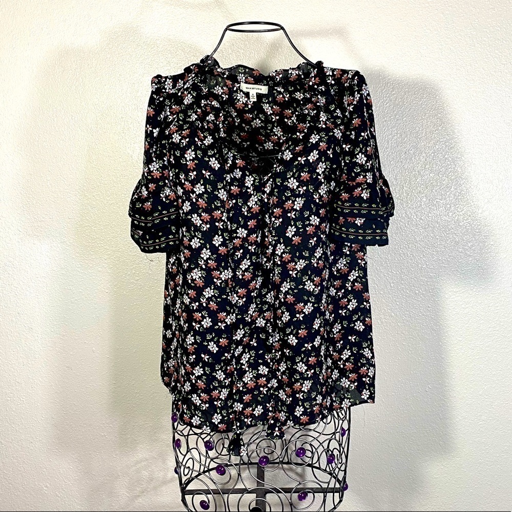 Max Studio floral blouse with ruffle flounce sleeves size S